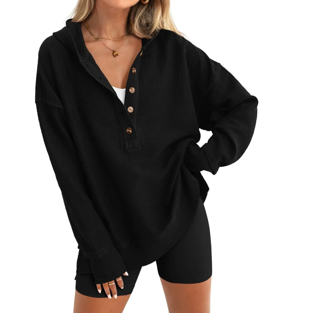 🔥Women's Oversized Button V-Neck Hoodie Sweatshirt Long Sleeve Side Slit Casual Fall Pullover Top