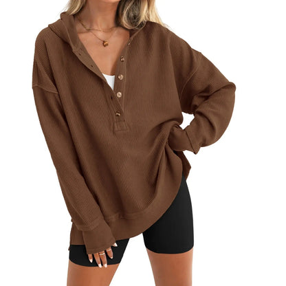 🔥Women's Oversized Button V-Neck Hoodie Sweatshirt Long Sleeve Side Slit Casual Fall Pullover Top