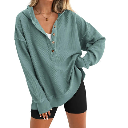 🔥Women's Oversized Button V-Neck Hoodie Sweatshirt Long Sleeve Side Slit Casual Fall Pullover Top