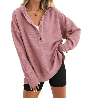 🔥Women's Oversized Button V-Neck Hoodie Sweatshirt Long Sleeve Side Slit Casual Fall Pullover Top