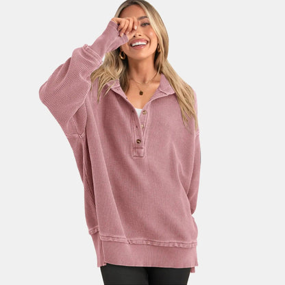 🔥Women's Oversized Button V-Neck Hoodie Sweatshirt Long Sleeve Side Slit Casual Fall Pullover Top