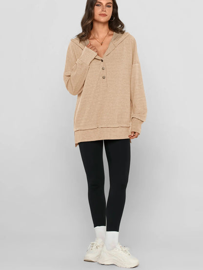 🔥Women's Oversized Button V-Neck Hoodie Sweatshirt Long Sleeve Side Slit Casual Fall Pullover Top
