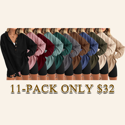 🔥Women's Oversized Button V-Neck Hoodie Sweatshirt Long Sleeve Side Slit Casual Fall Pullover Top