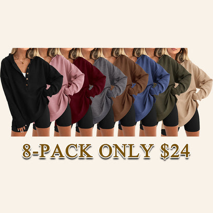 🔥Women's Oversized Button V-Neck Hoodie Sweatshirt Long Sleeve Side Slit Casual Fall Pullover Top