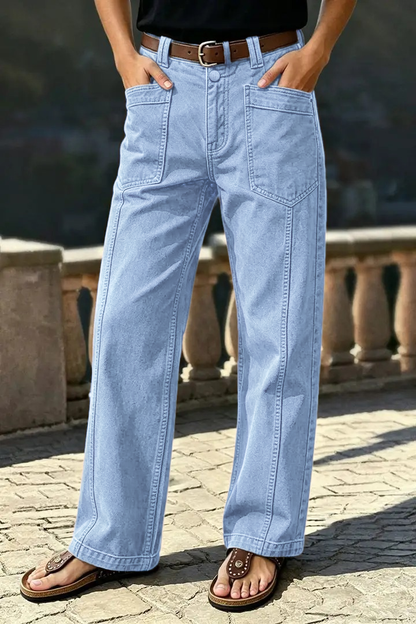 🔥 LAST DAY SALE –Solid Stitch Detail Patch Pocket Mid Rise Straight Leg Pants