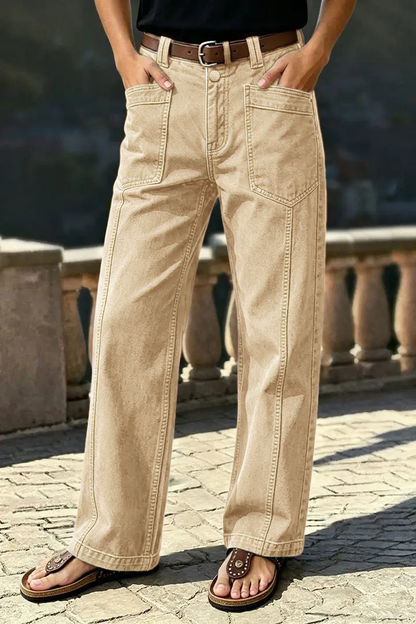 🔥 LAST DAY SALE –Solid Stitch Detail Patch Pocket Mid Rise Straight Leg Pants