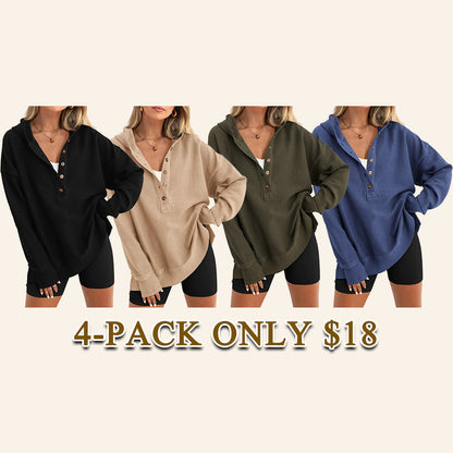 🔥Women's Oversized Button V-Neck Hoodie Sweatshirt Long Sleeve Side Slit Casual Fall Pullover Top