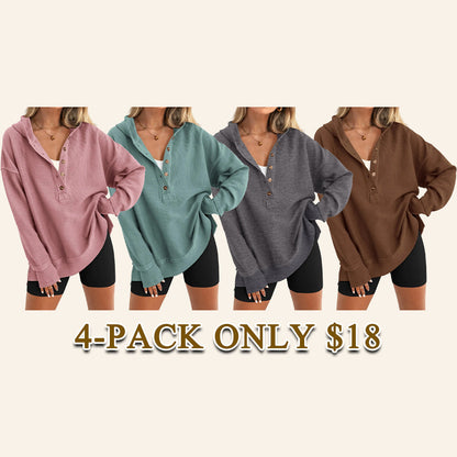 🔥Women's Oversized Button V-Neck Hoodie Sweatshirt Long Sleeve Side Slit Casual Fall Pullover Top