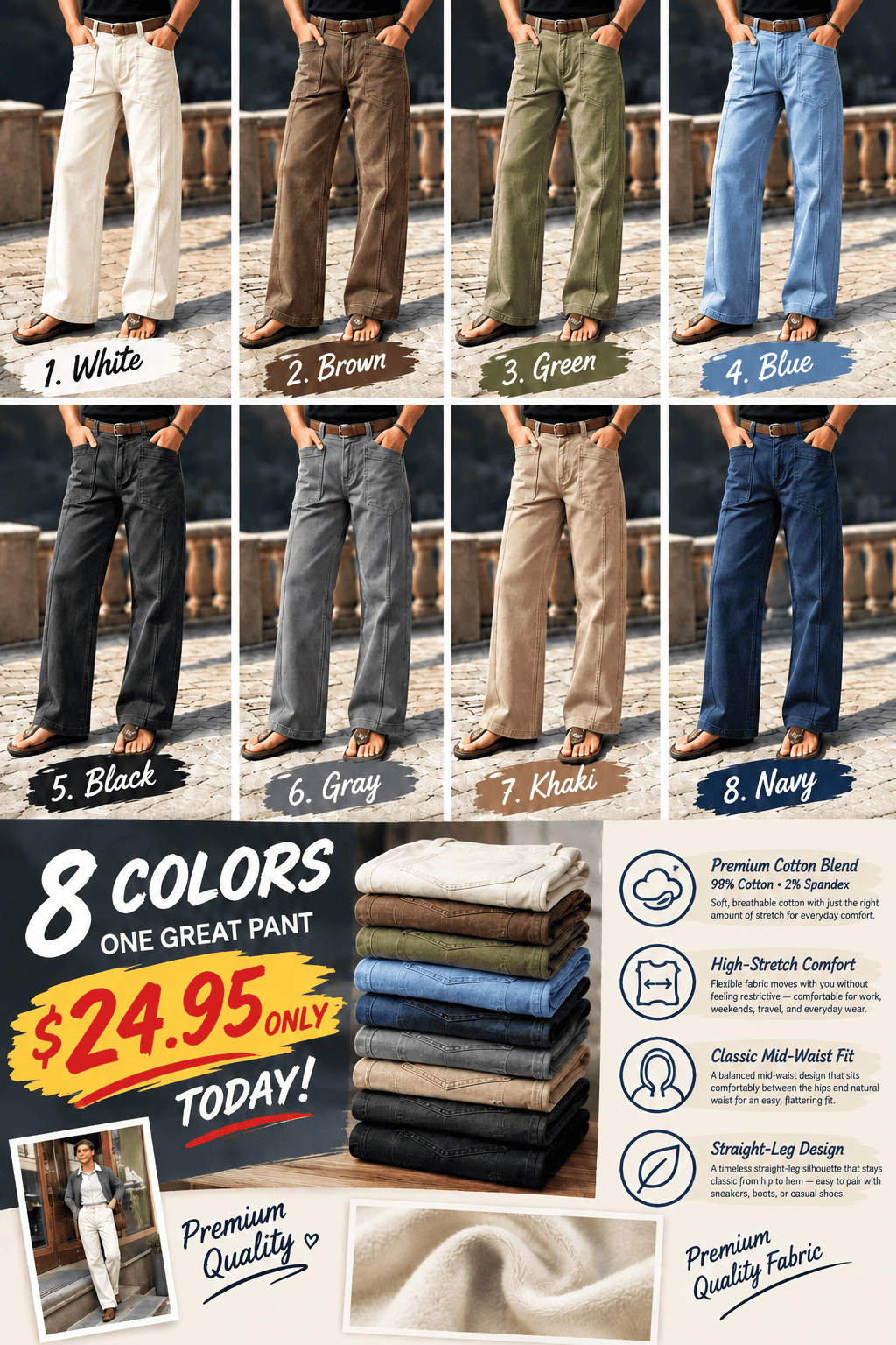 🔥 LAST DAY SALE –Solid Stitch Detail Patch Pocket Mid Rise Straight Leg Pants